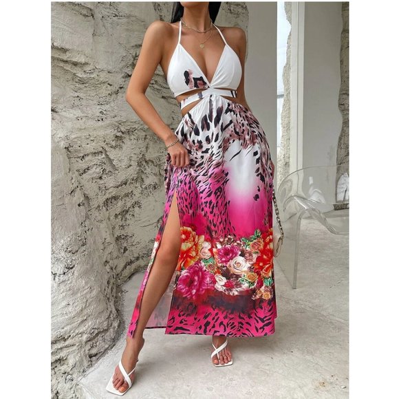 VCAY Floral & Leopard Print Cut Out Tie Backless Split Thigh Halter Dress - Picture 5 of 5